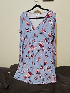 Alya Sky Blue Floral V-Neck Tunic with Pink Accents